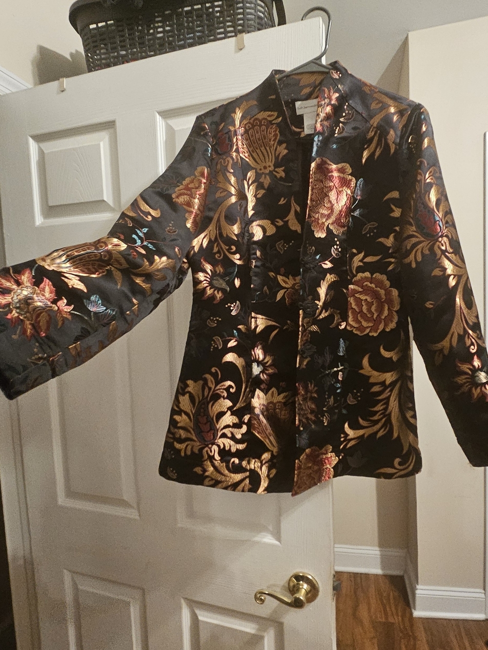 Soft Surroundings Black Jacket with Gold & Red Floral Brocade